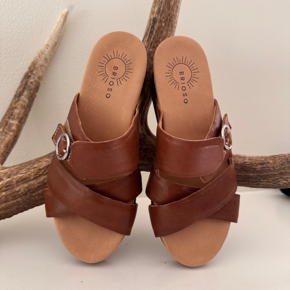 Brioso Ladera Cognac Brown Leather Platform Slide Sandals size 8M Made in Brazil - Picture 2 of 6